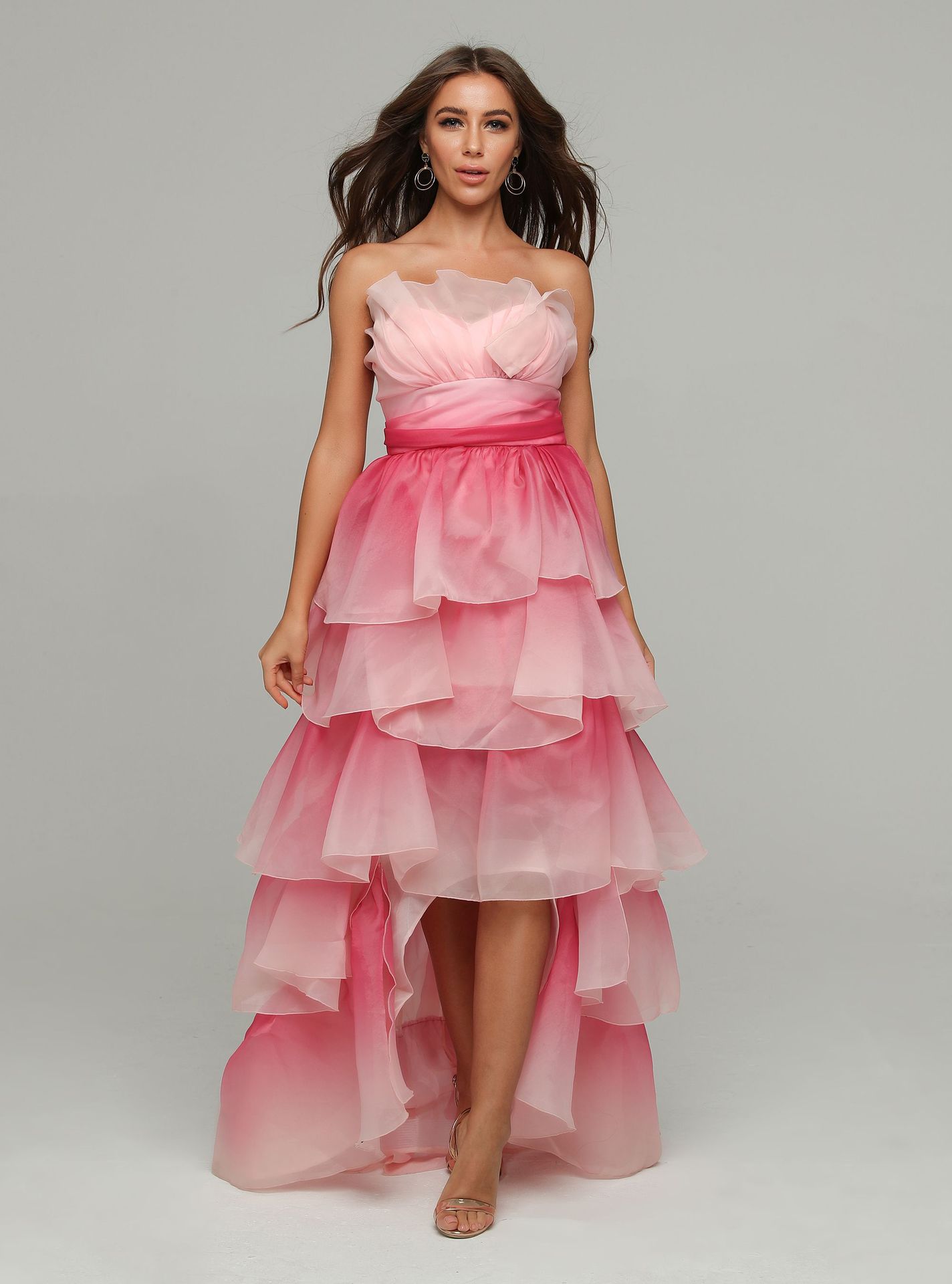 2019新款甜美粉色渐变公主礼服长蓬蓬裙女仙女范性感层层长蛋糕裙