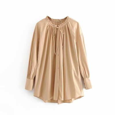 宽松领口系带长袖衬衫女v1239