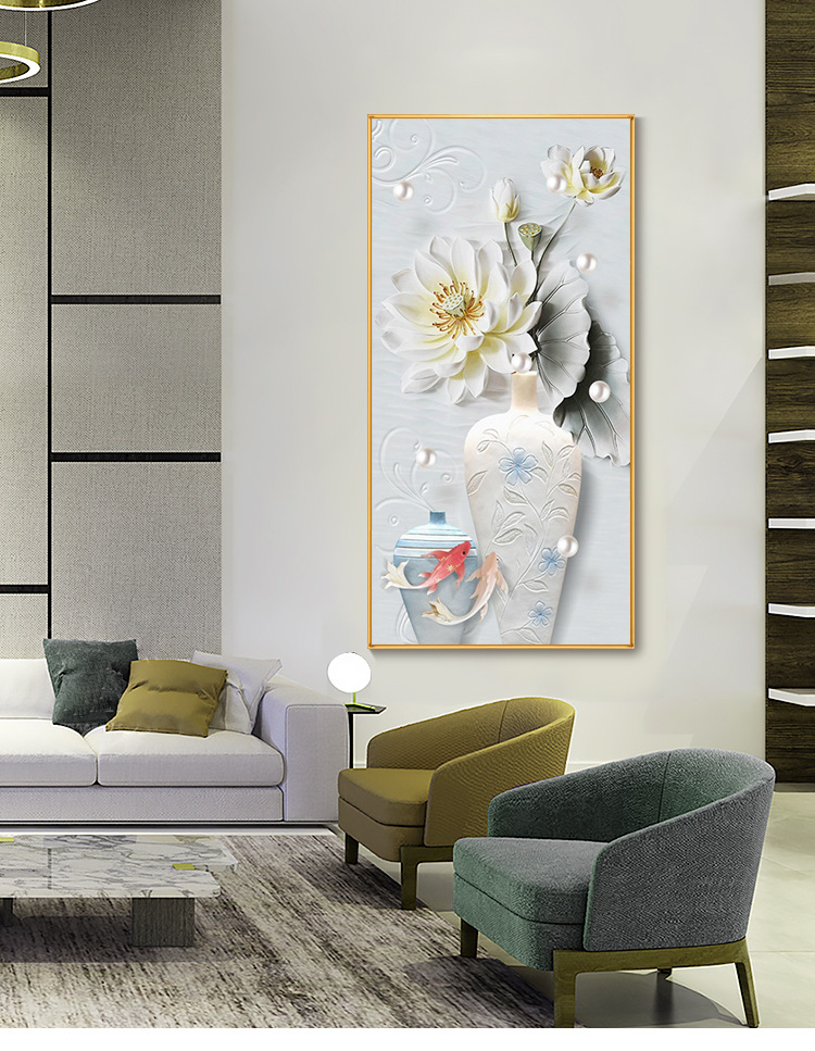 新中式入户玄关晶瓷画家居酒店别墅挂画过道走廊瓶安铝合金装饰画