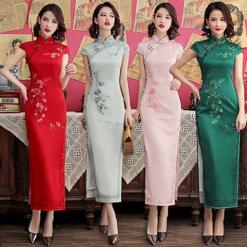 heavy silk embroidery long cheongsam 2024 new lace edge improved slim-fitting chinese style slim fit daily cheongsam