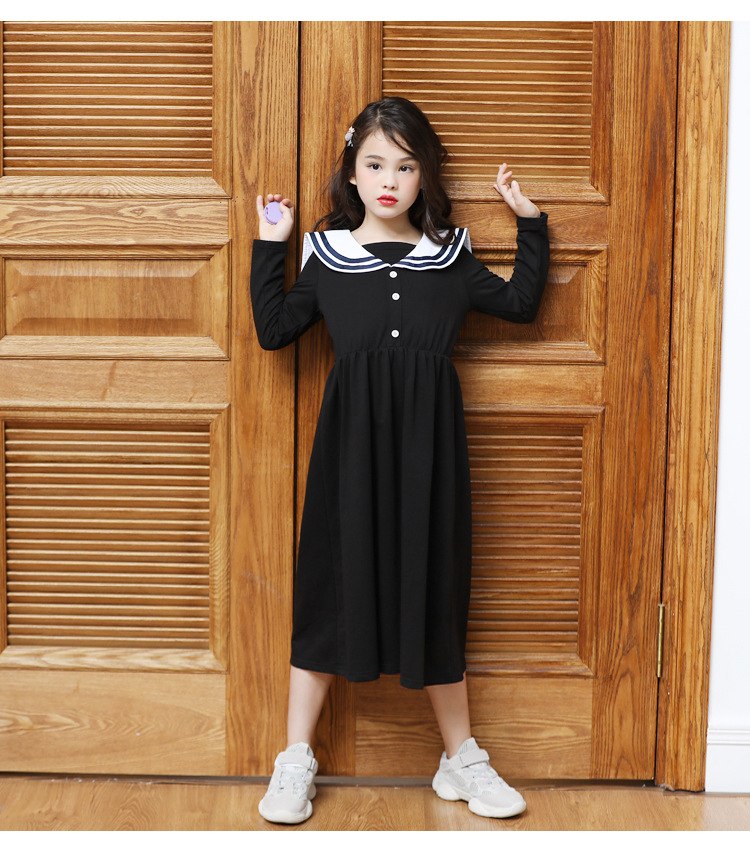 19秋季新款海军裙黑色长袖大翻领休闲百搭收腰中大女童连衣裙6803