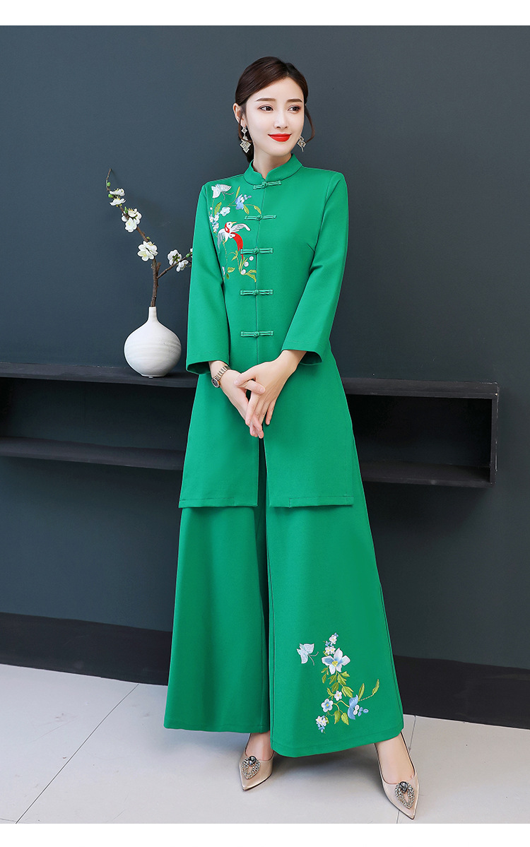 秋冬中式唐装休闲阔腿裤两件套改良刺绣旗袍茶服中国风套装女