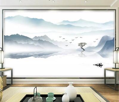 新中式墙布3d立体手绘意境水墨风山水电视背景墙壁纸墙纸壁画