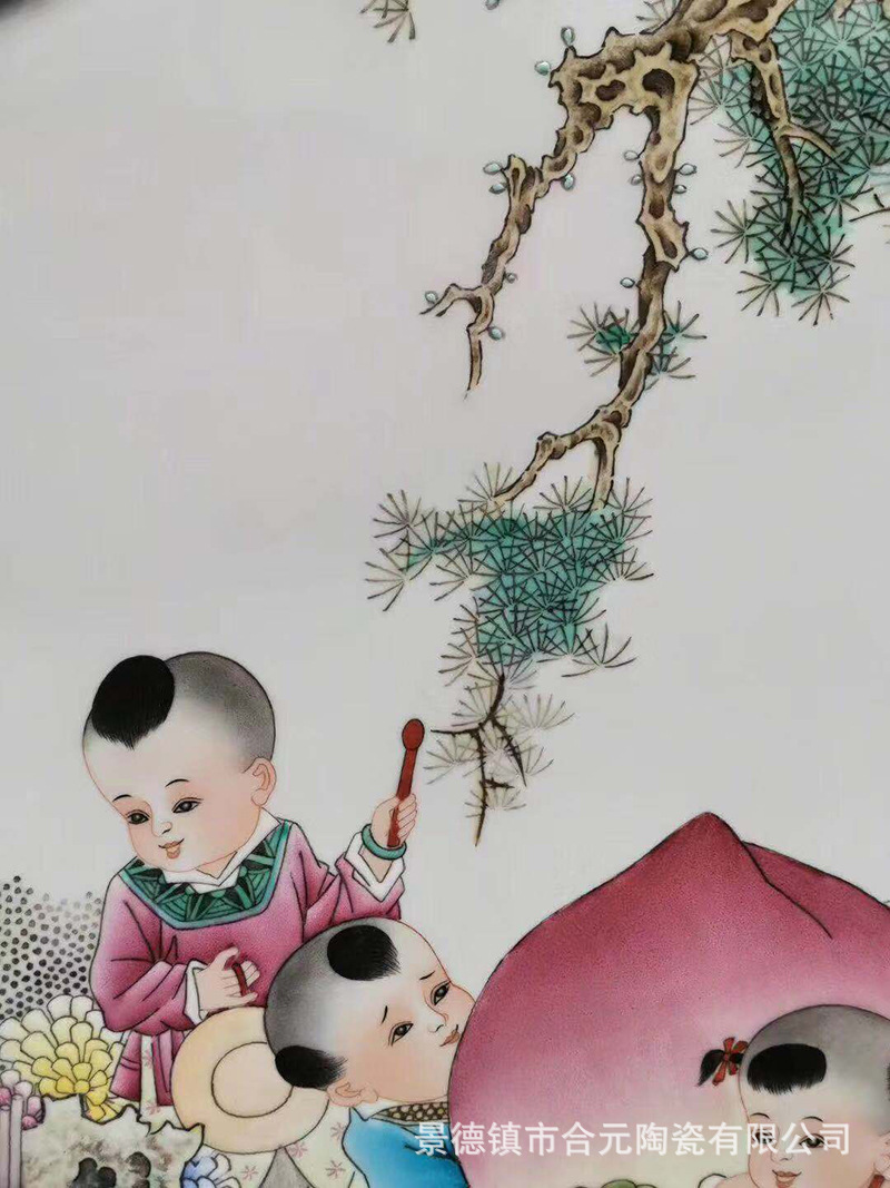 景德镇大师占年福手绘1米吉庆献寿陶瓷屏风圆形童子祝寿图瓷板画