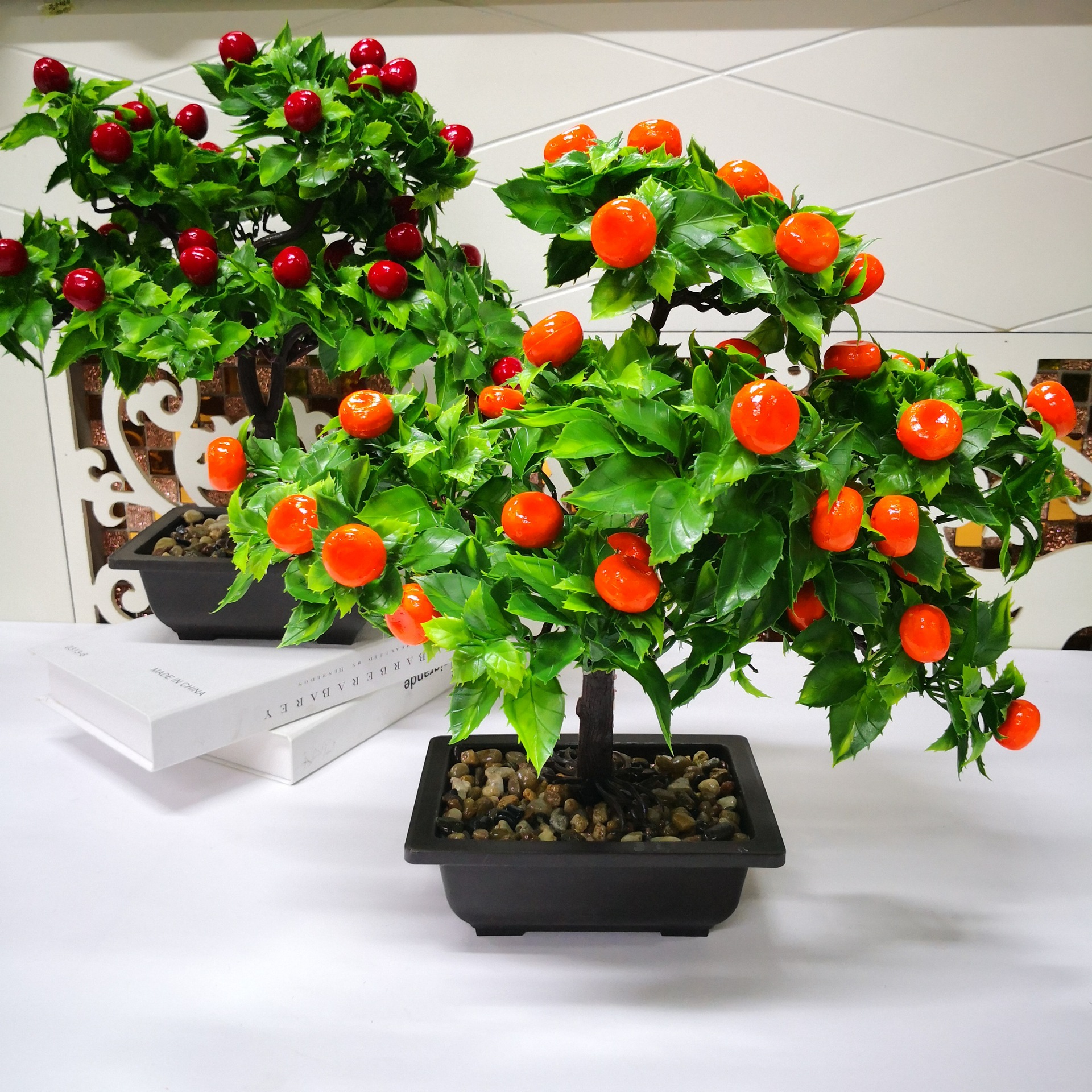 仿真橘子盆景假樱桃餐桌摆放隔断装饰小盆花绿植水果盆景多款批发