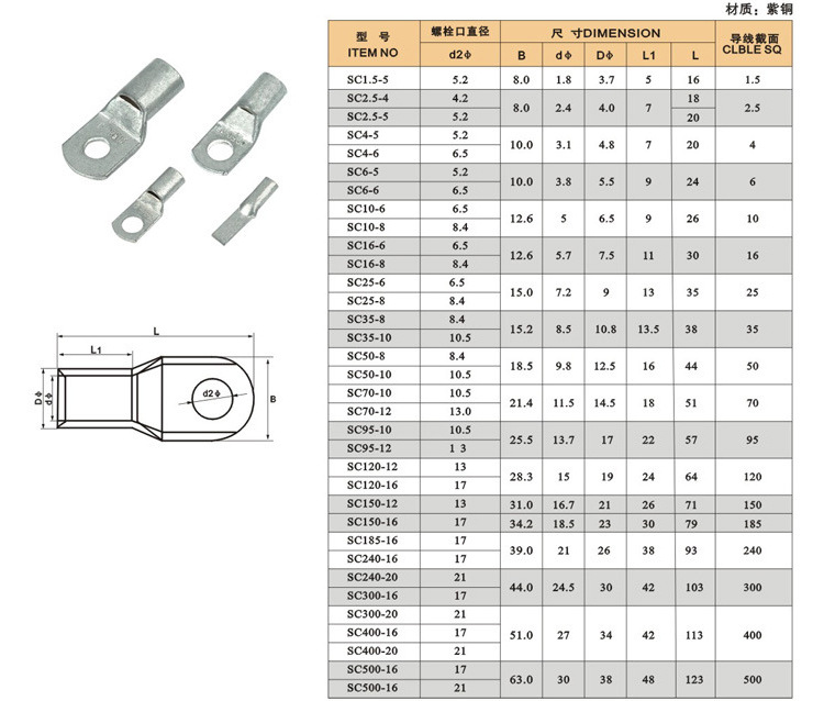 窥口铜端子sc50-6 50-8 50-10冷压铜端头冷压铜鼻子线鼻子铜管鼻