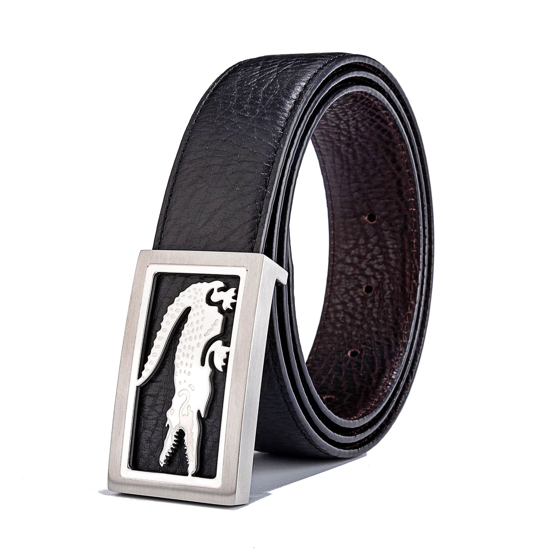 男士不锈钢扣头真皮腰带 原版大象纹双面进口头层牛皮平滑扣皮带