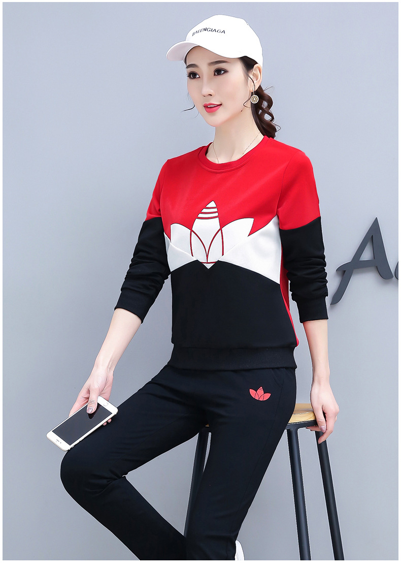 运动套装女春秋季2019时尚新款印花圆领套头纯棉长袖休闲女运动服