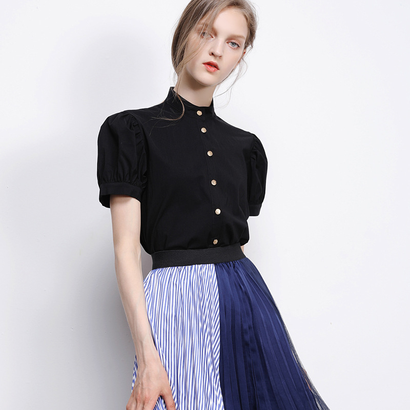 欧版复古英伦风泡泡袖黑色小衫夏季短袖衬衫女