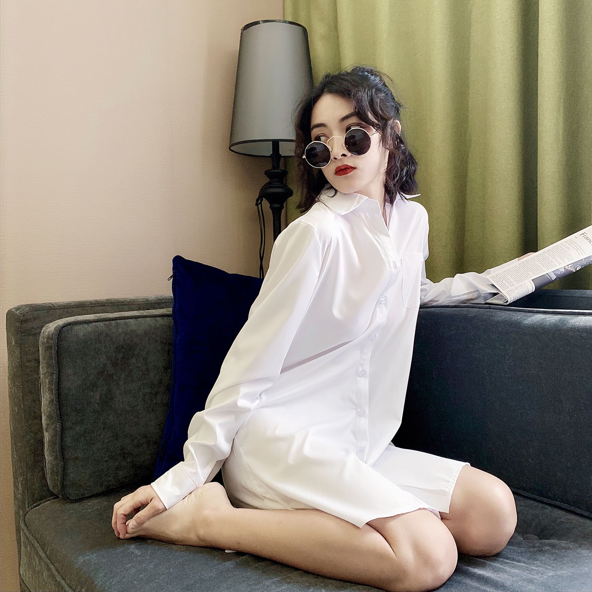 2019春秋白衬衣女中长款韩范bf风衬衫性感睡衣百搭开衫上衣衬衫裙