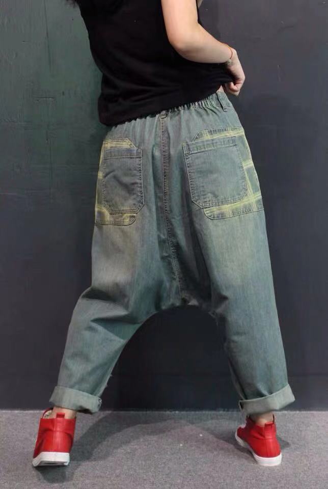 复古个性磨破牛仔低裆裤女20春季新款宽松大码胖mm显瘦潮流垮裤