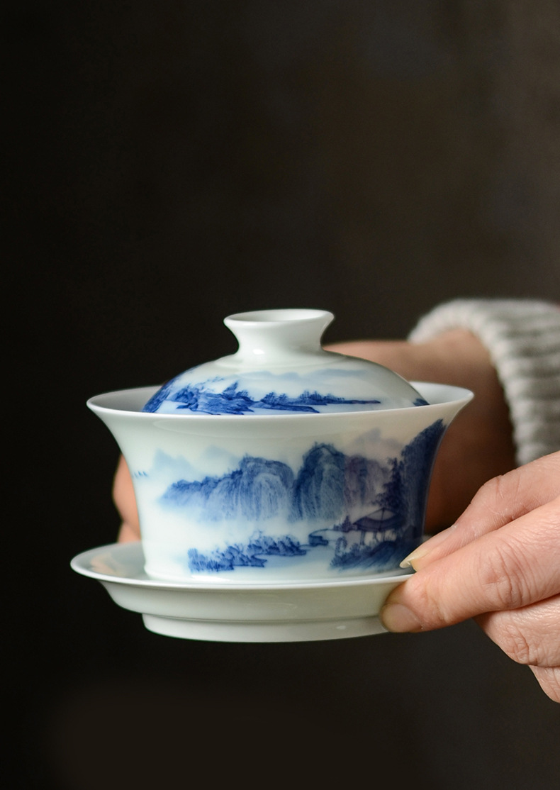 景德镇青花山水三才盖碗老料宣德青花手工仿古大号泡茶碗功夫茶具