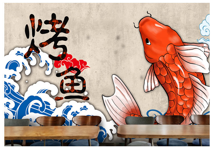 复古手绘3d烤鱼壁纸大型涂鸦壁画烧烤吧火锅饭店餐厅墙纸无缝墙布