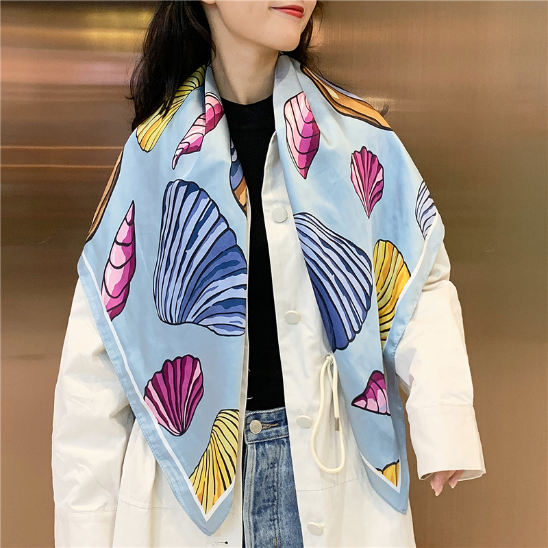 Colorful Shell Spring and Autumn New 90 Square Scarf Printing Emulation Silk Scarf Women's Scarf Professional Decoration Multi-Purpose Shawl