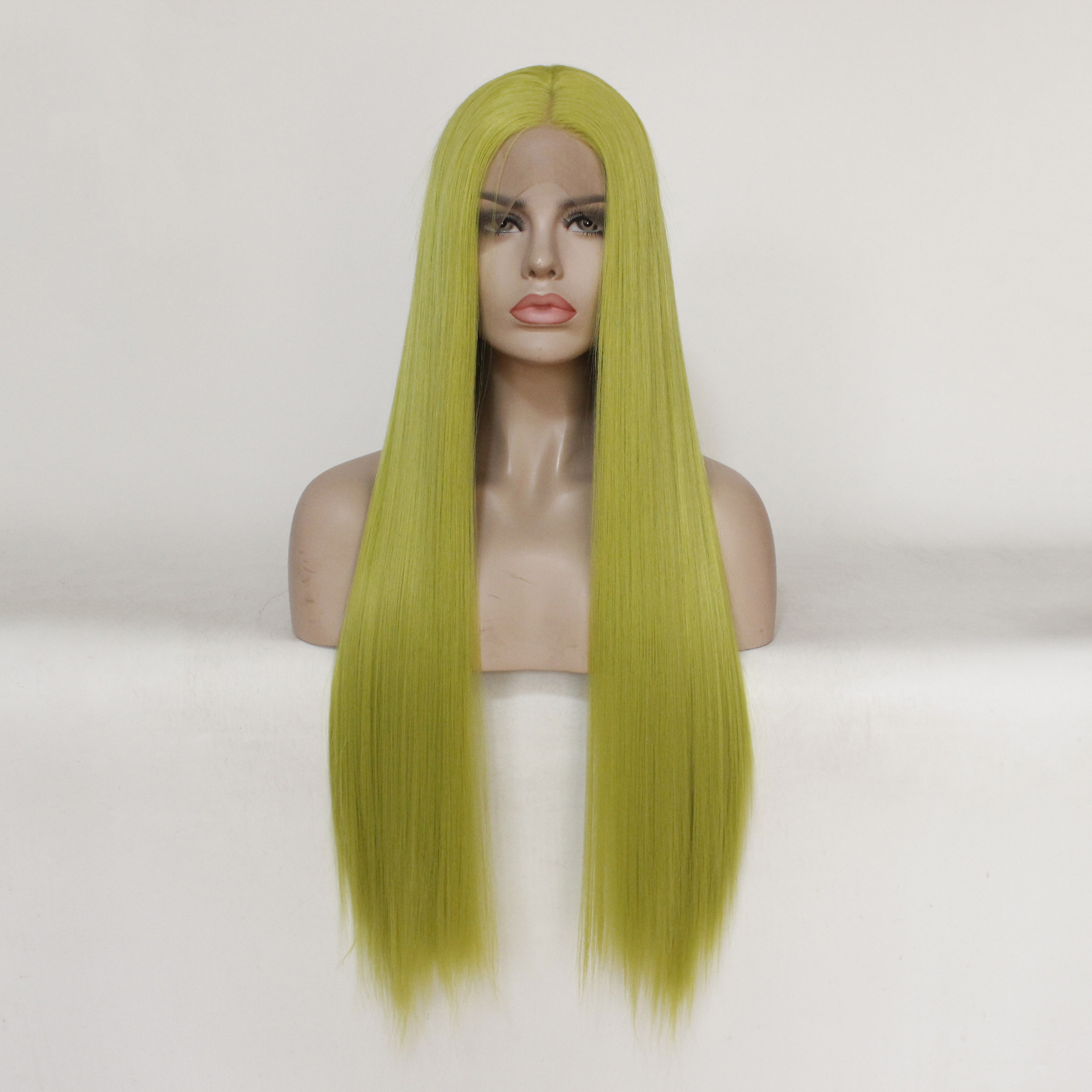 欧美假发女士前蕾丝化纤新品黄绿色长直发假发厂家现货批发