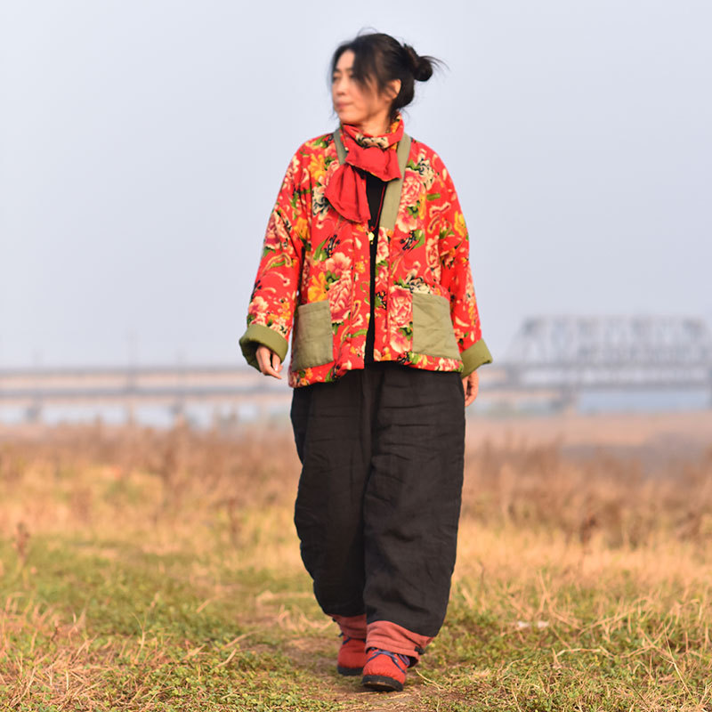 二丫/原创系带盘扣老花布棉袄 中式民族风文艺开衫棉服短款女棉衣