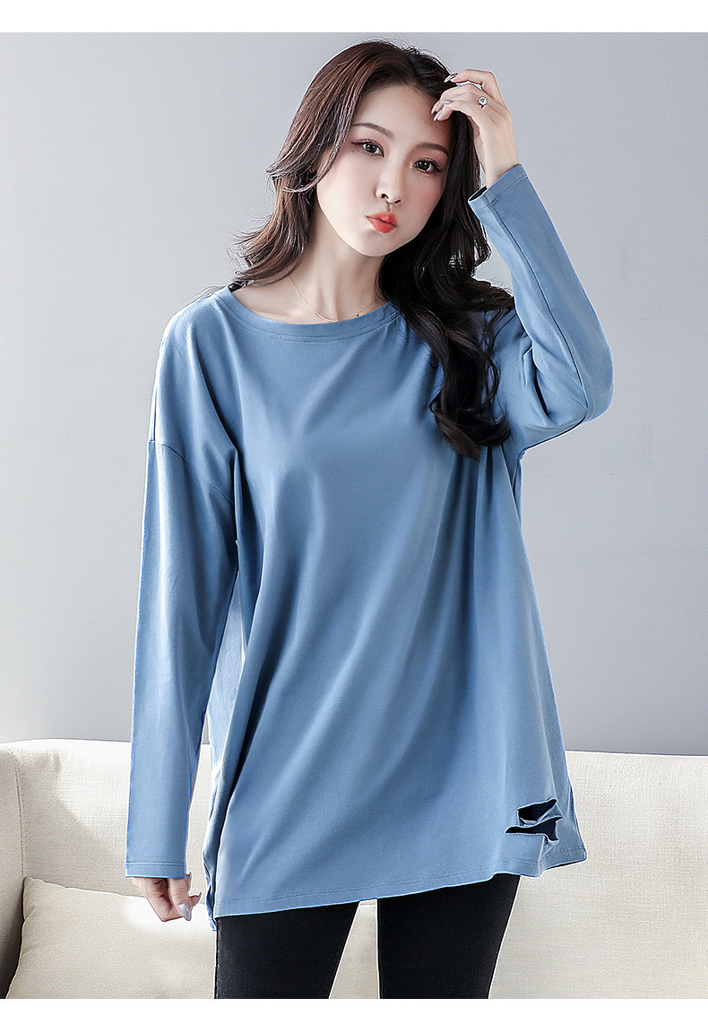 雾霾蓝宽松破洞t恤女中长款秋冬学生欧货大版长袖内搭打底衫ins潮