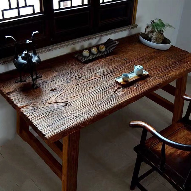 老榆木门板桌风化木茶桌旧木板复古桌老门板茶台茶桌原木实木桌面