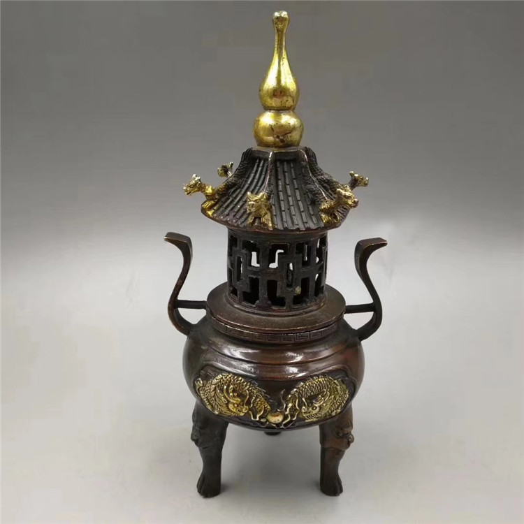 古玩仿古做旧工艺品铜塔炉仿古铸造铜龙塔炉熏香炉家居饰品批发