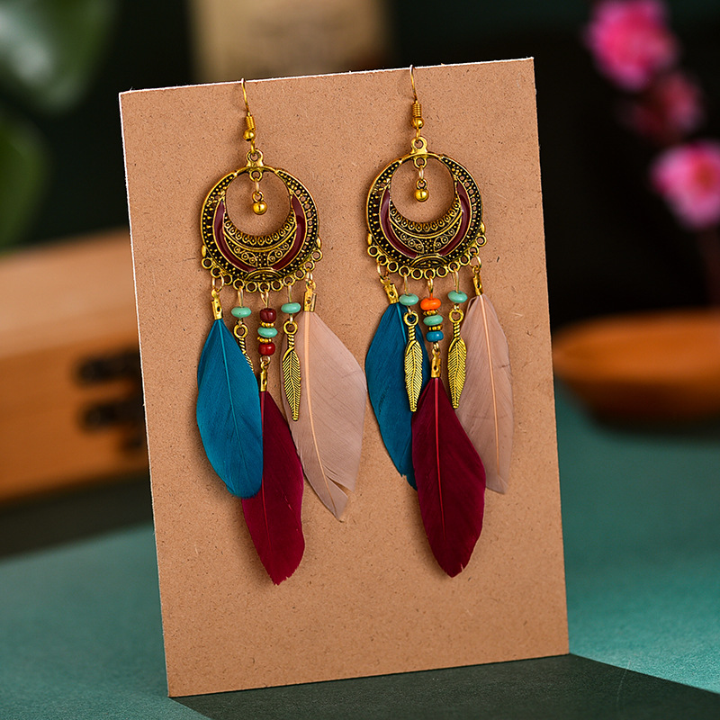 European and American Crescent-Shaped Long Wine Red Feather Tassel Earrings for Women Retro Ethnic Earrings Seed Bead Accessories Wholesale
