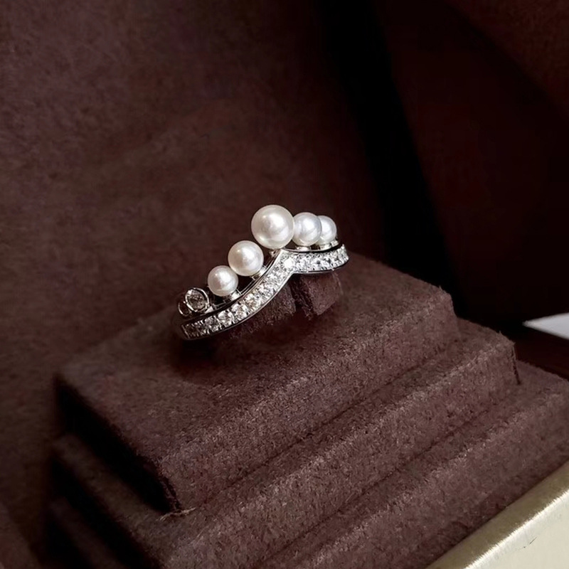 约瑟芬天然强光珍珠戒指s925纯银叠戴副戒宋慧乔同款皇冠戒指婚戒