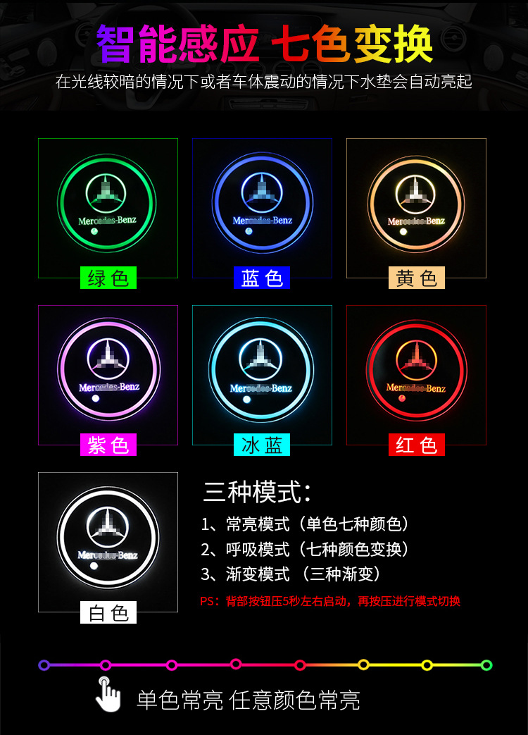 汽车led发光水杯垫 七彩水杯垫车载氛围灯太阳能usb充电 防滑杯垫