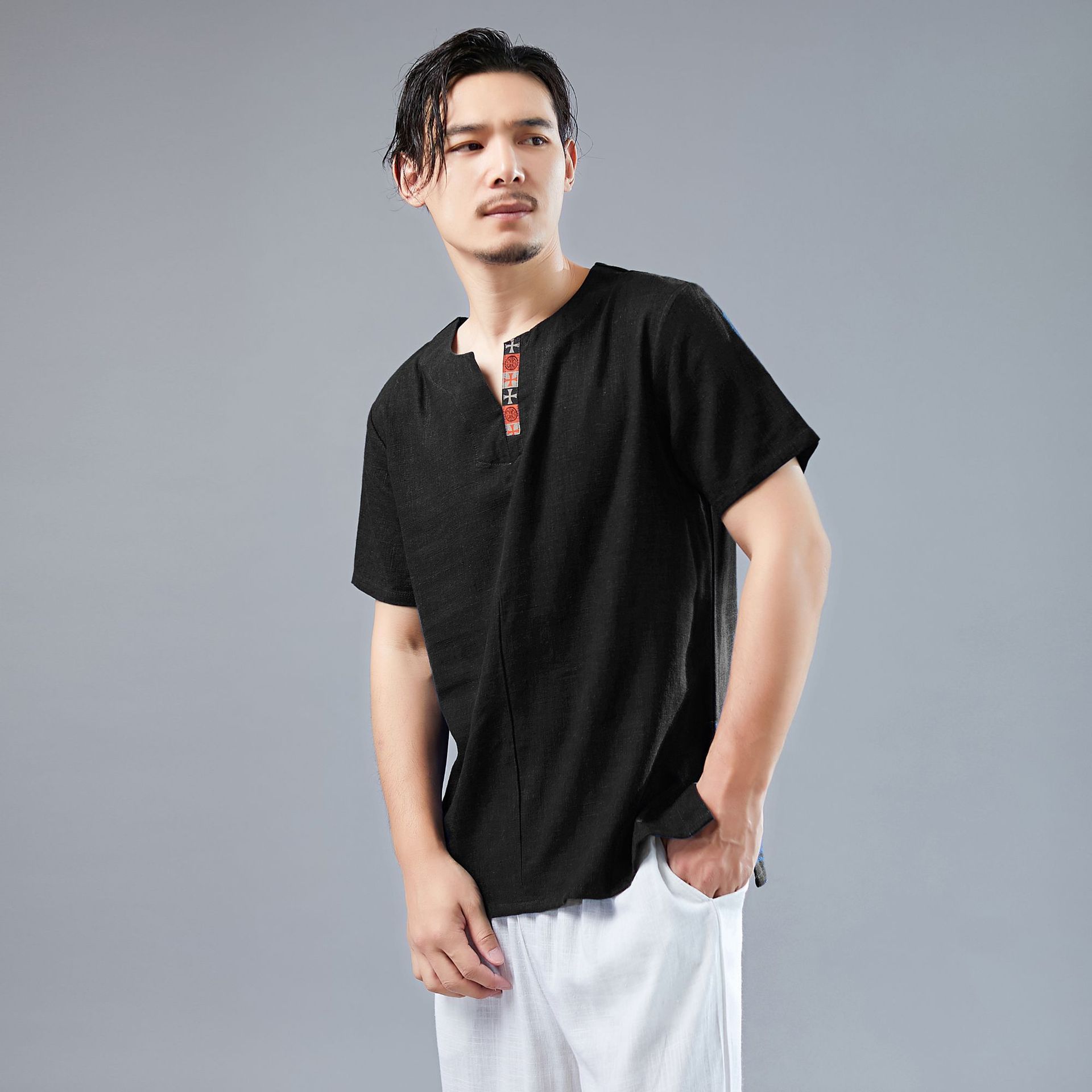 夏季 藏式短袖 2021新款亚麻短袖t恤中国风棉麻 男装v领宽松款