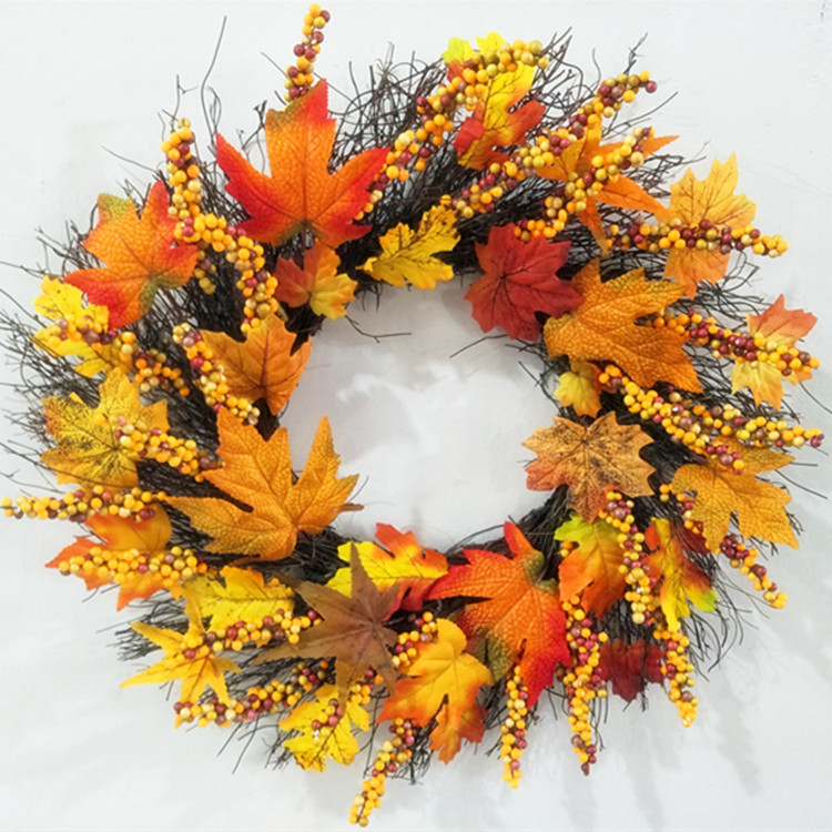 Cross-Border E-Commerce Manufacturers Supply Thanksgiving Harvest Festival Halloween Autumn Maple Leaf Berry Heliosphere Real Rattan Garland