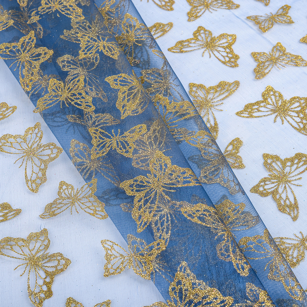 蝴蝶花型洒金银粉柯根纱玻璃纱欧根纱面料装饰布服装面料