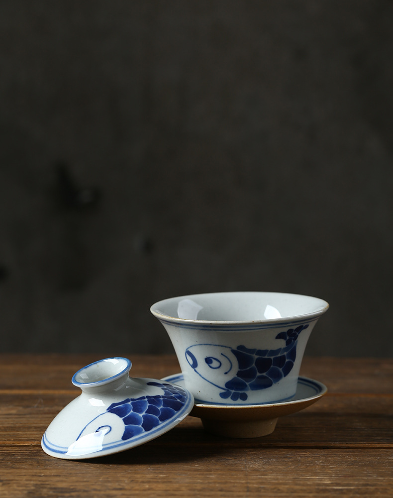 青花盖碗茶杯 大号茶碗 釉下彩 三才 手绘 功夫茶具 古朴粗陶