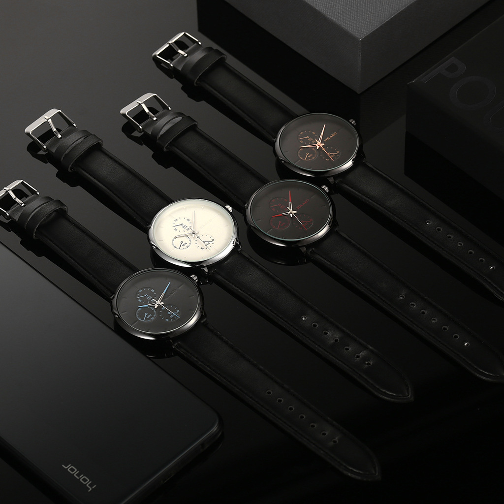 yolako外贸热销休闲男士皮带手表时尚假三眼三针石英手表现货