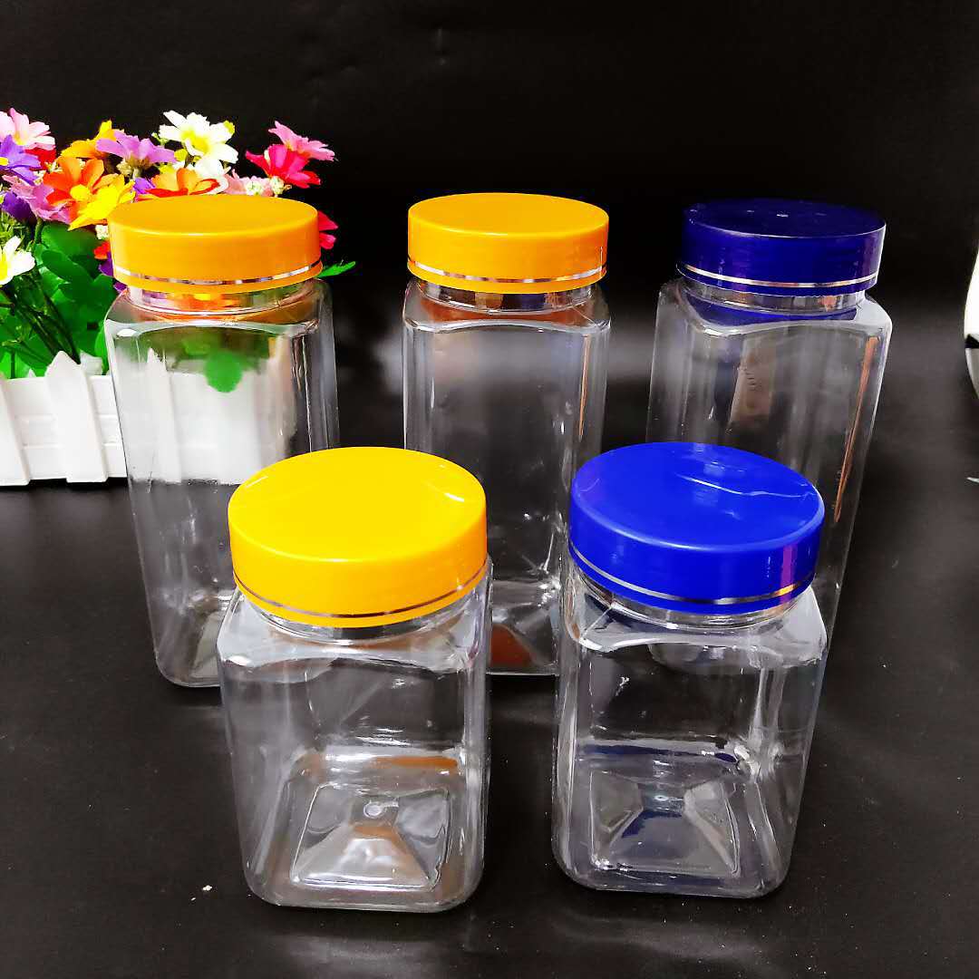厂家销售pet350ml方形塑料罐1斤装蜂蜜花茶的塑料瓶子塑料密封罐