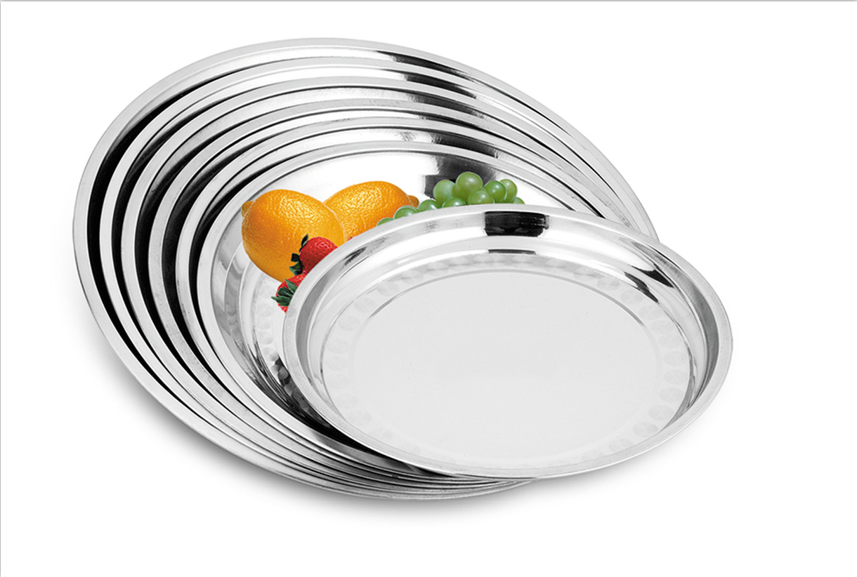 加厚不锈钢圆形盘大圆盘浅盘托盘平盘西餐盘烧烤盘碟子菜盘水果盘