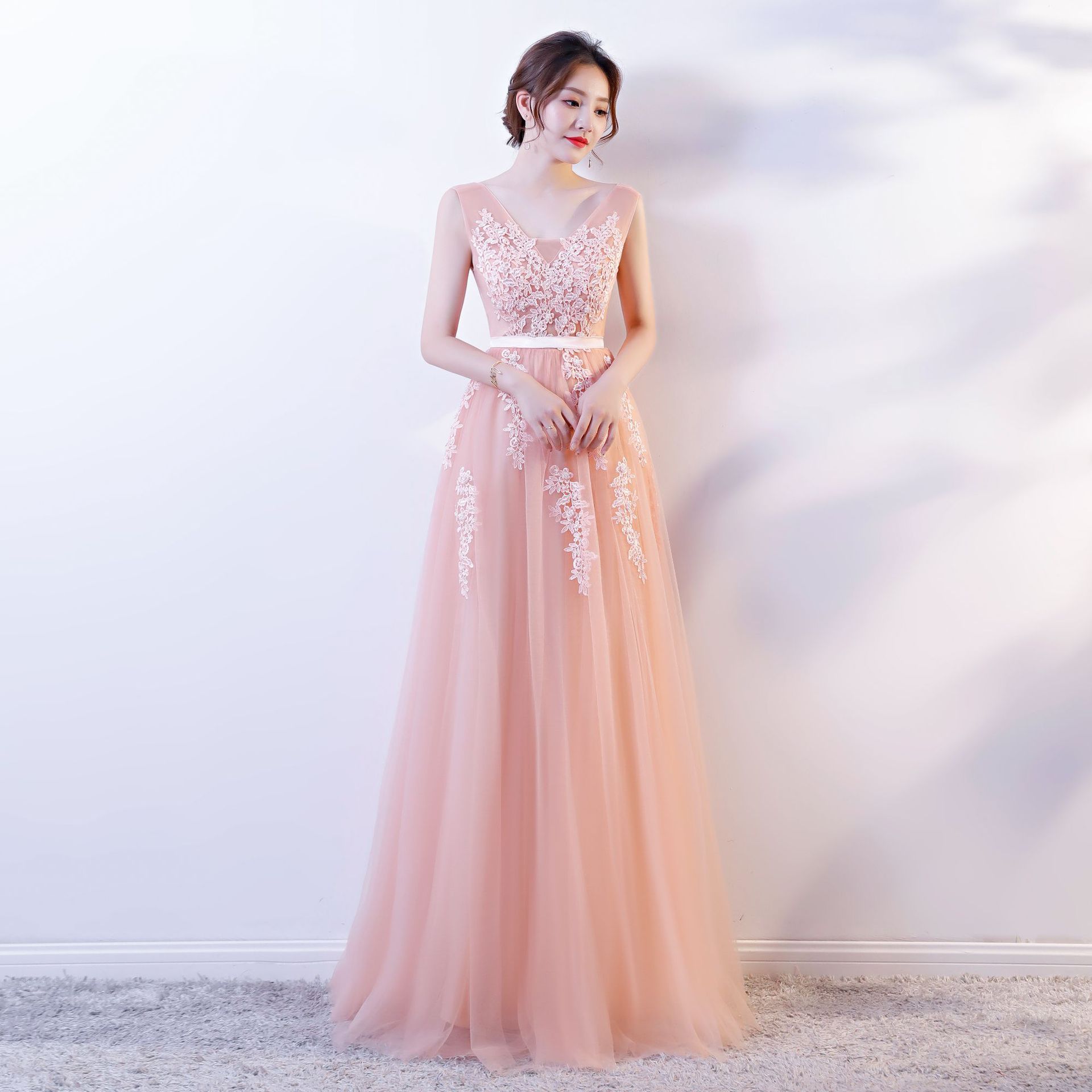 伴娘裙双肩新款礼服2021蕾丝排花礼服酒会舞会红毯明星时尚走秀