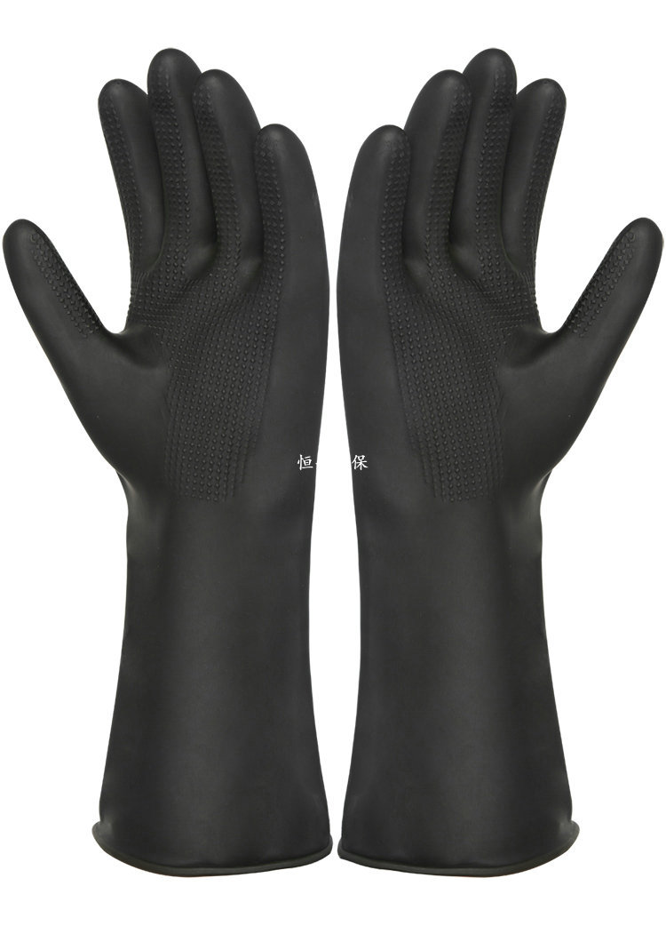 春洋牌防滑乳胶手套长袖工业耐酸碱防化橡胶涂层黑色加长加厚耐磨