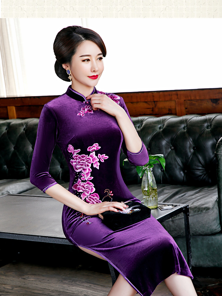 上海旗袍厂qqxqx9198新款女式旗袍装新式复古旗袍裙丝绒刺绣旗袍