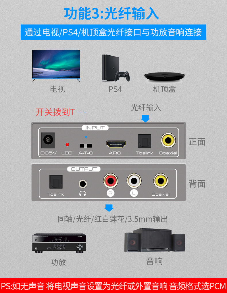 hdmiarc同轴光纤音频转换器数字模拟3.5mm耳机接口电视/ps4接音响