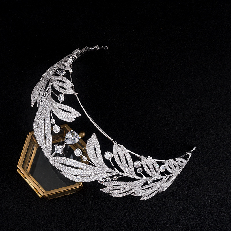 欧美新款皇室复古月桂叶大王冠新娘结婚锆石皇冠婚礼头饰婚纱配饰