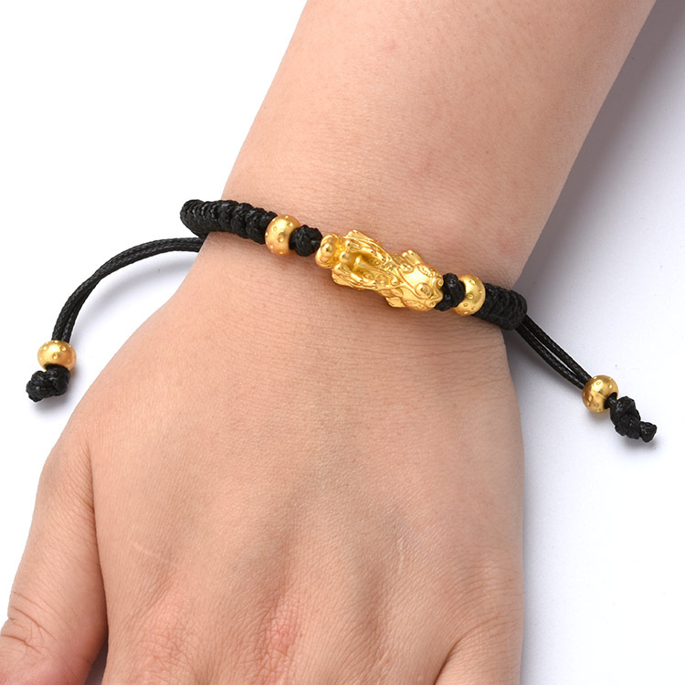 黑绳貔貅手链 男女款仿黄金貔恘手绳珠皮丘麒麟 一件批发