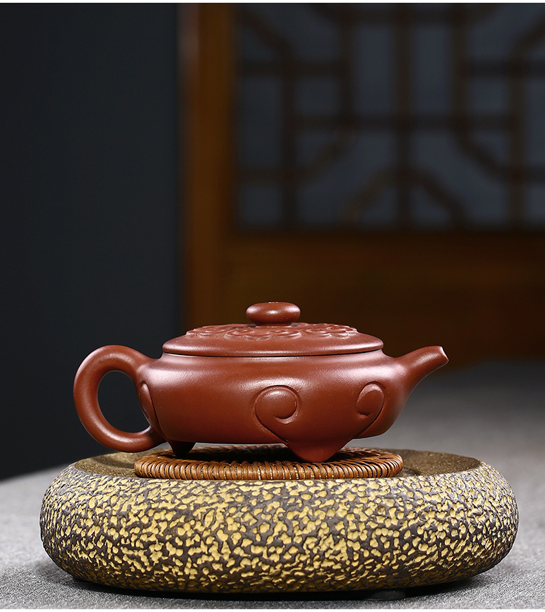 宜兴三足敞口如意紫砂壶原矿茶具顾鹏程全手工仿古如意壶代发