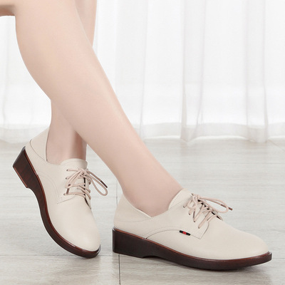 春鞋2019春秋季新品平跟防滑牛筋底休闲外穿系带中老年女士单皮鞋