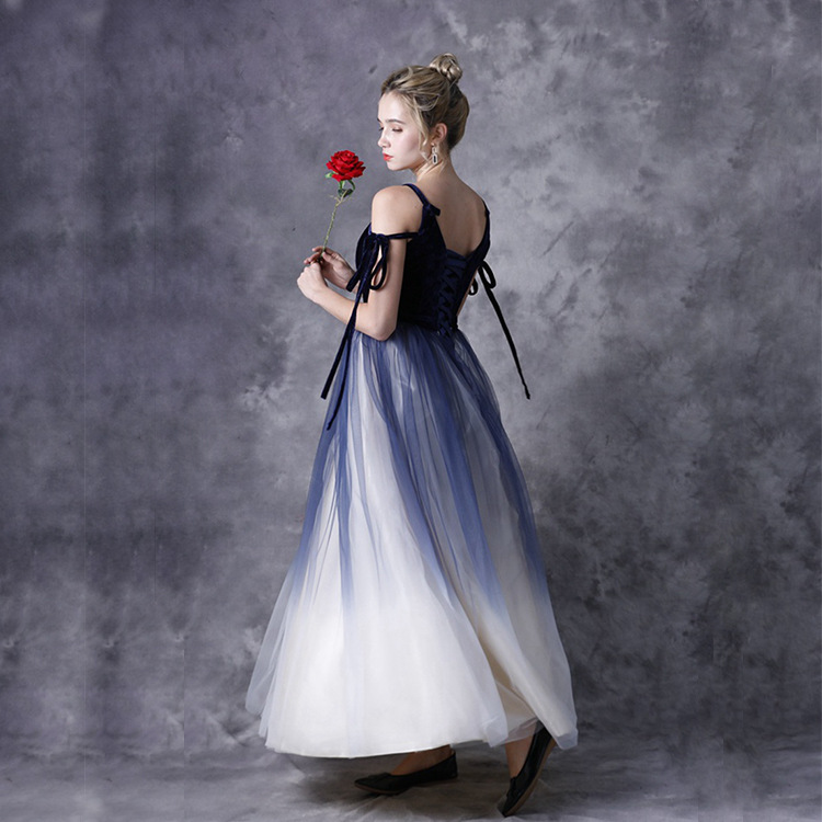 渐变晚礼服长款春夏主持人晚礼服显瘦优雅一字肩伴娘服女连衣裙