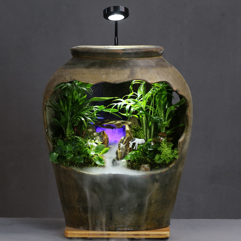 陶罐水陆缸流水器 植物假山造景 网红微景观 喷泉陶瓷雾化器摆件