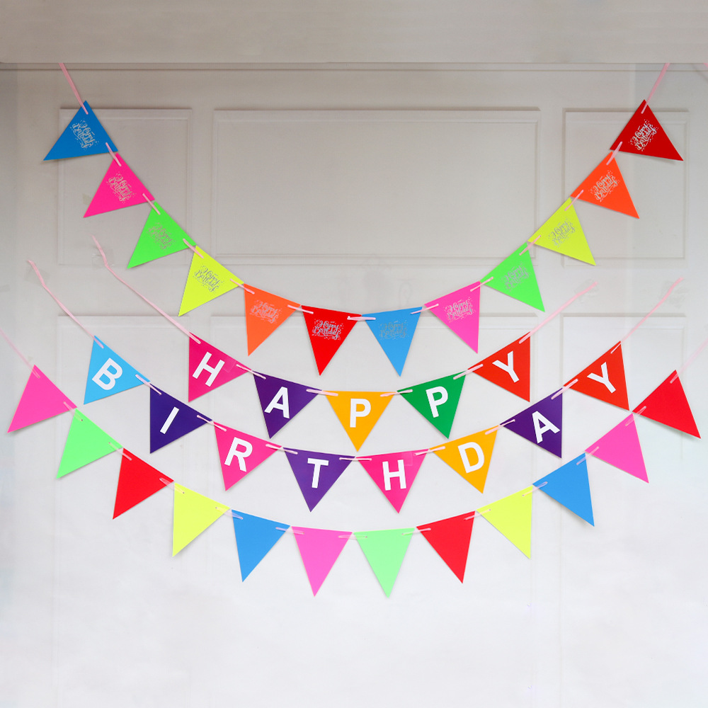 厂家直销新款荧光三角挂旗happybirthday三角旗批发派对装饰挂旗