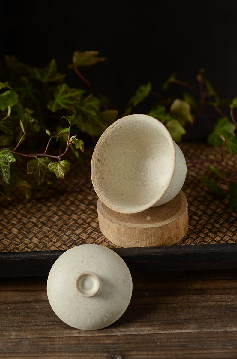 景德镇陶瓷盖碗手工粗陶粉引盖碗草木灰釉盖碗开片可养雪走系列