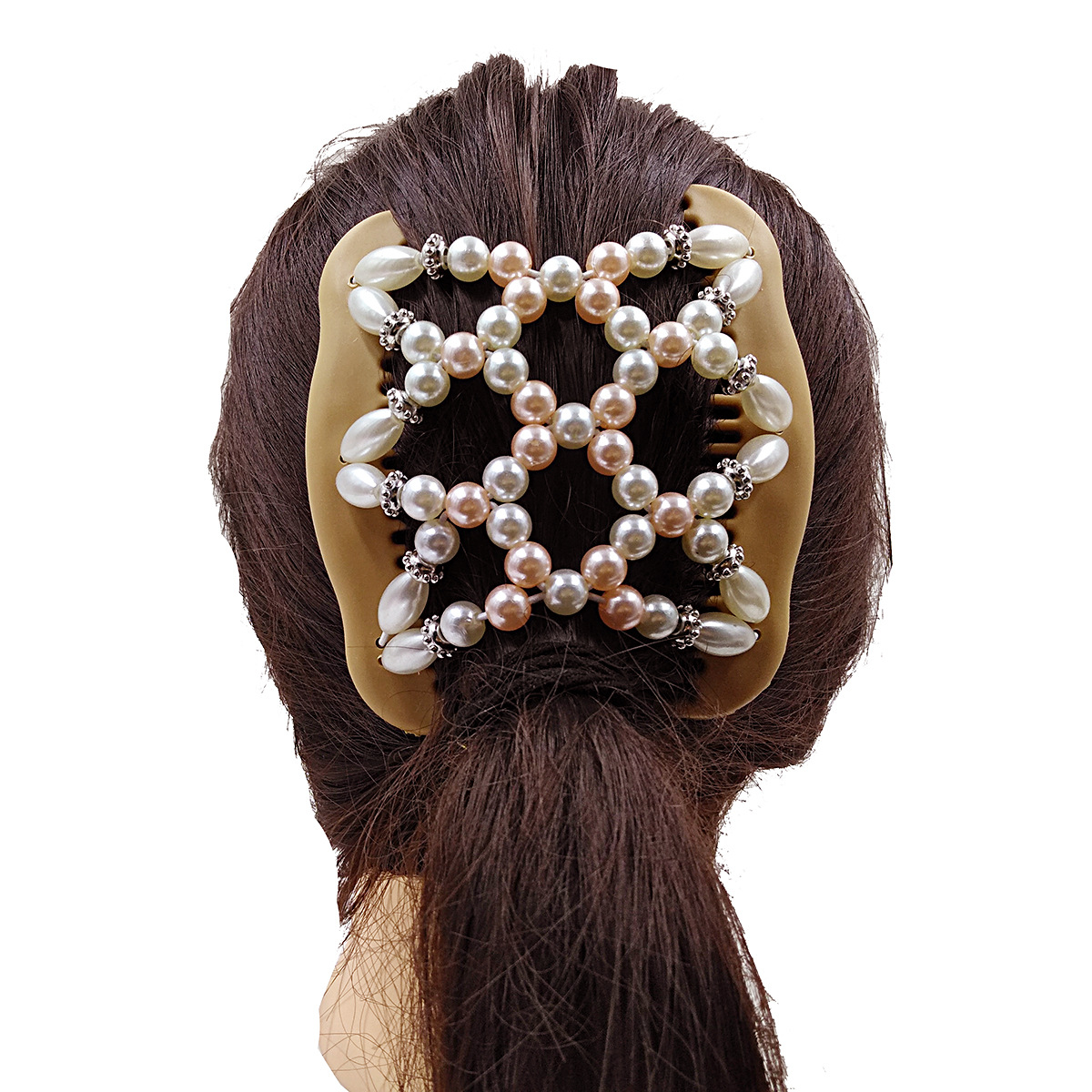 欧美 女士双排插梳珍珠白色木梳爆款珍珠百变发梳魔术盘发器