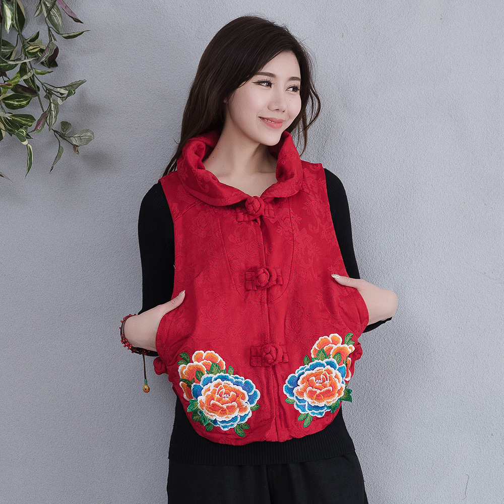 原创秋冬新款民族风棉麻盘扣绣花短款马甲外套翻领坎肩背心女装