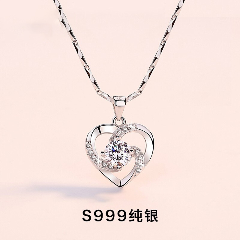 s999纯银项链女心形时尚锁骨链足银吊坠情侣学生首饰品生日礼物