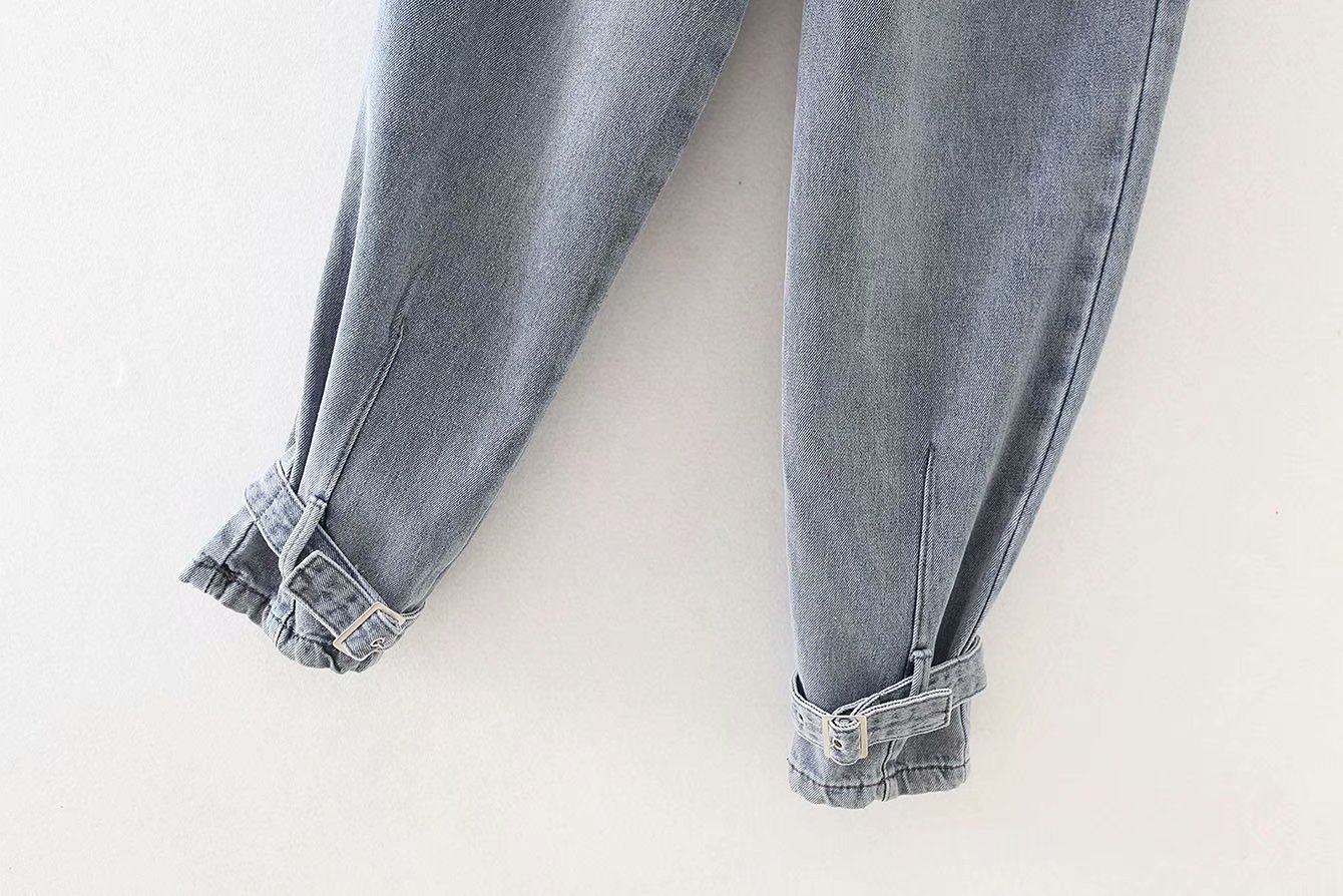 秋冬新款欧美女装时尚水洗绊带裤脚高腰长款牛仔裤长裤k3445