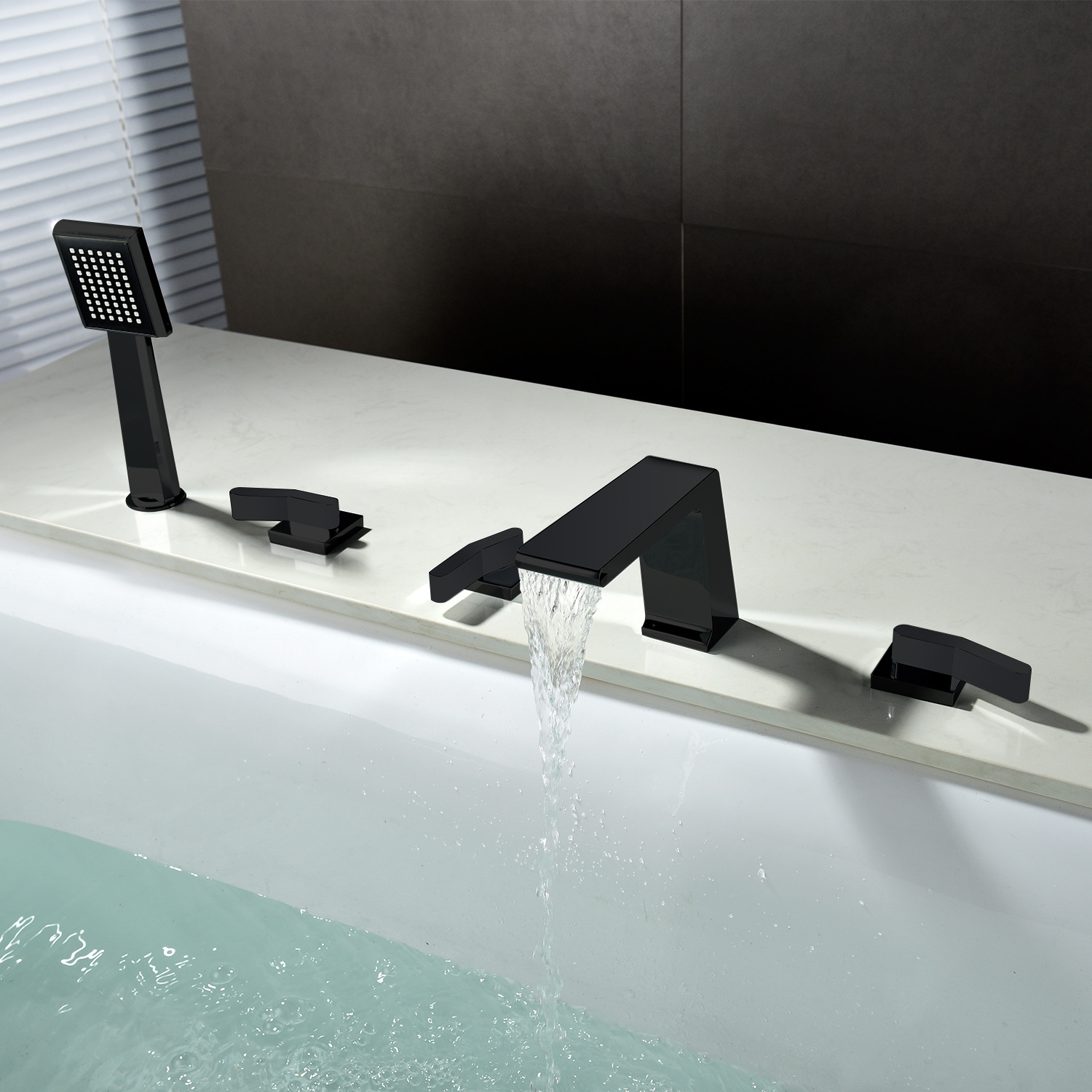 黑色浴缸龙头五件套 瀑布出水带手持花洒 酒店淋浴水龙头m5435bw